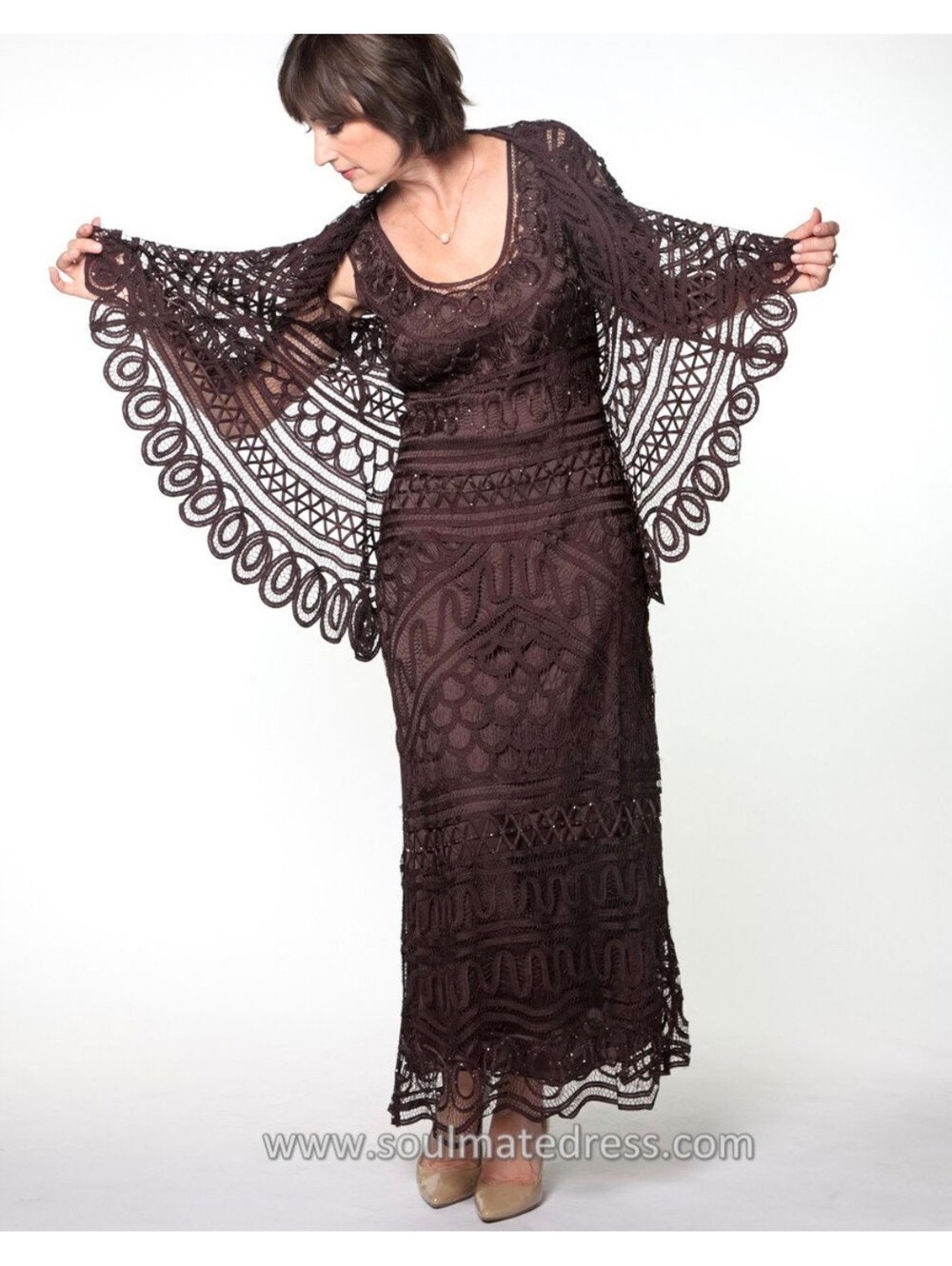 Soulmates Handcrafted Espresso Brown Silk Crochet Maxi Dress Size L DRESS ONLY